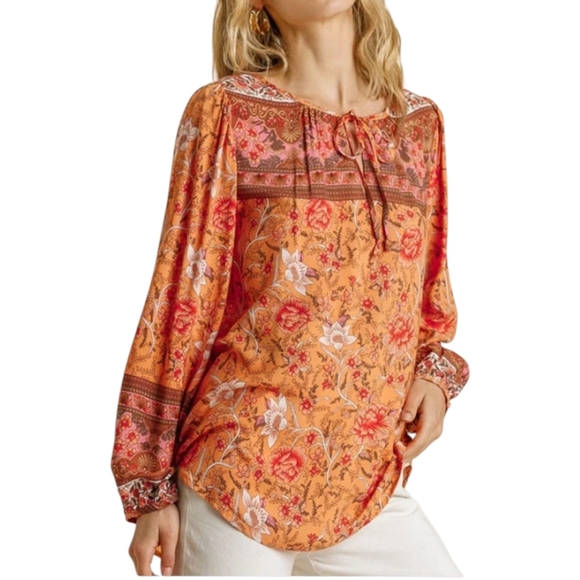 Umgee Orange Floral Lightweight Festival Peasant Flowy Rayon Blouse Sz M - Picture 1 of 11